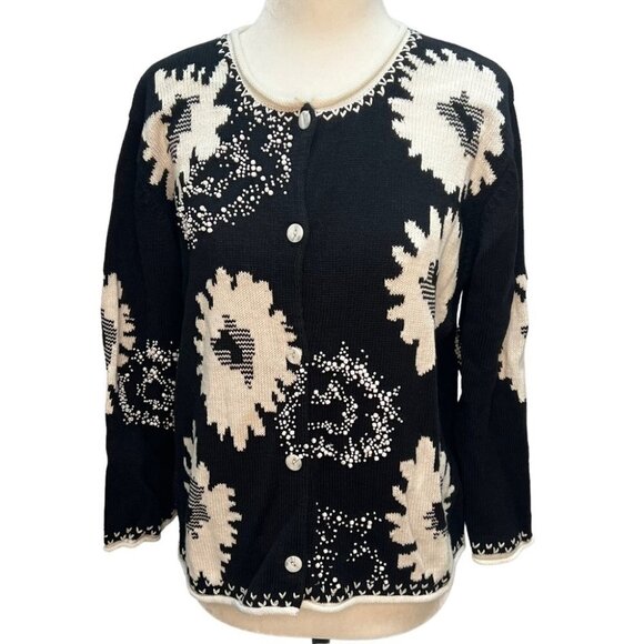 Rare! Vintage Black Floral Beaded Button Front Cotton Cardigan Sweater Size M - Picture 1 of 10
